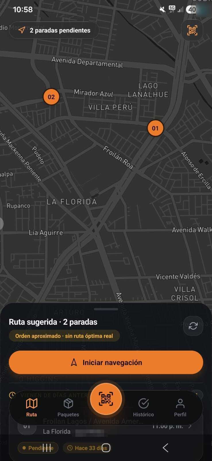 Pantalla de ruta de la app de Rutix: mapa con las paradas numeradas del día y el botón para iniciar la navegación